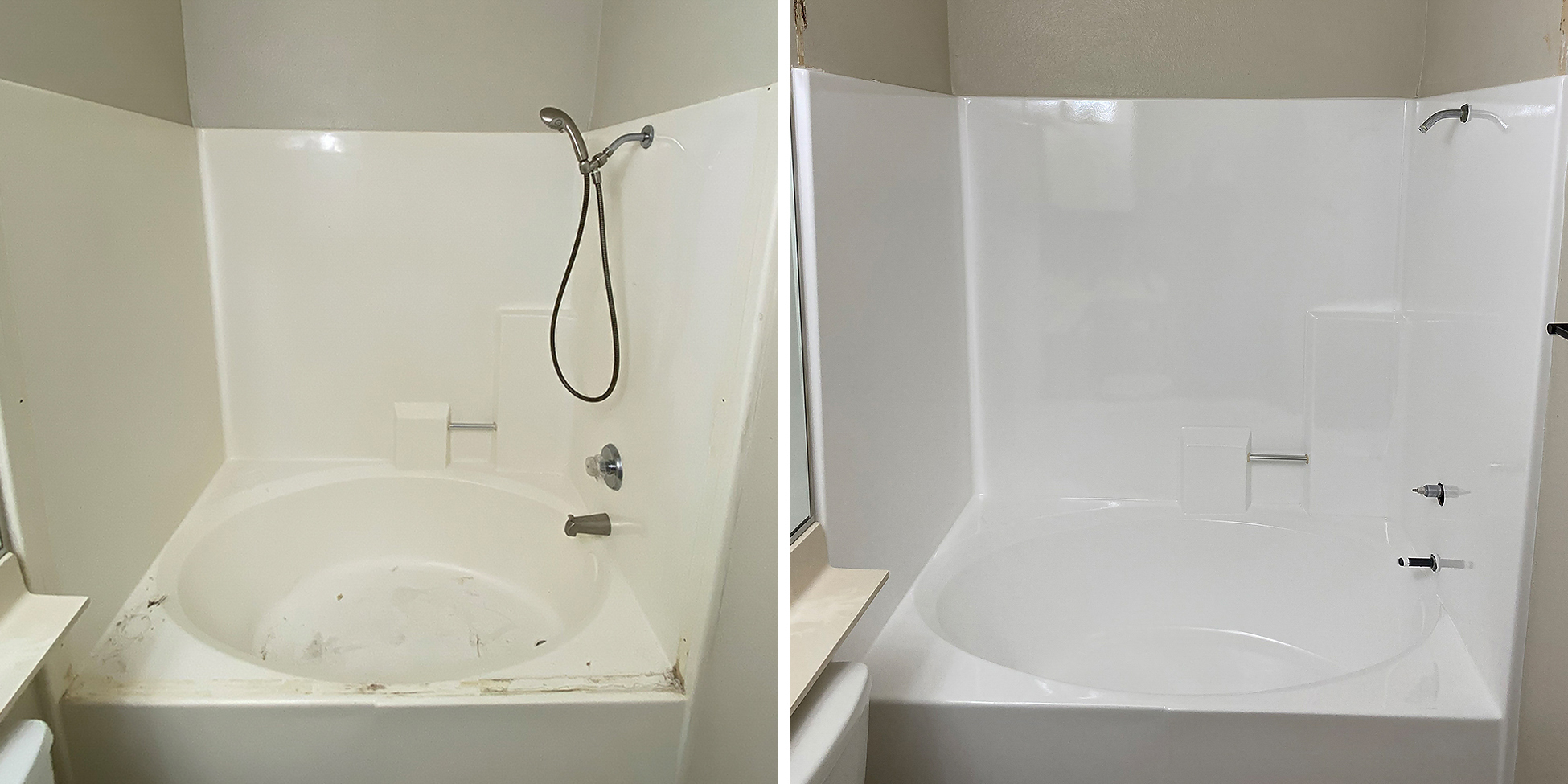 Before and after shower refinishing for worn bathroom surfaces in San Diego